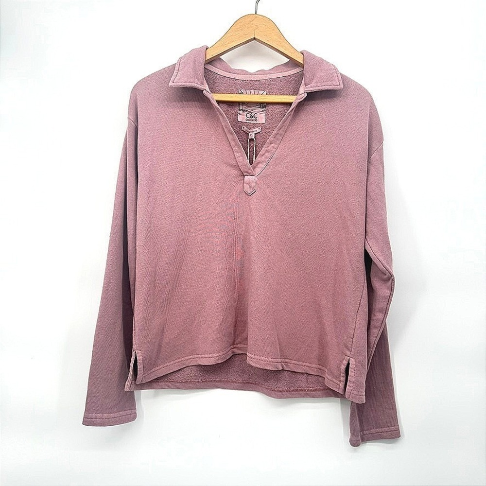C&C California LS Johnny Collar Top Sunwashed Pink Pullover Casual Medium